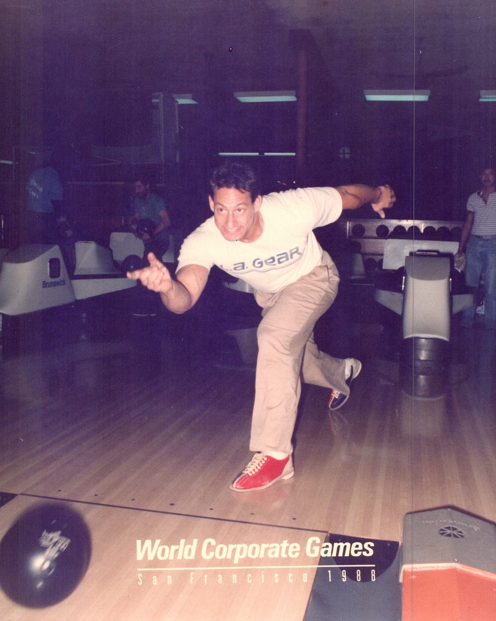 Ben releasing a bowling ball mid-stride at the World Corporate Games, San Francisco, 1988